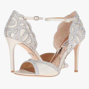 Badgley Mischka Size 8 Roxy Ivory Satin Jeweled Open Toe Sandals Heels Shoes